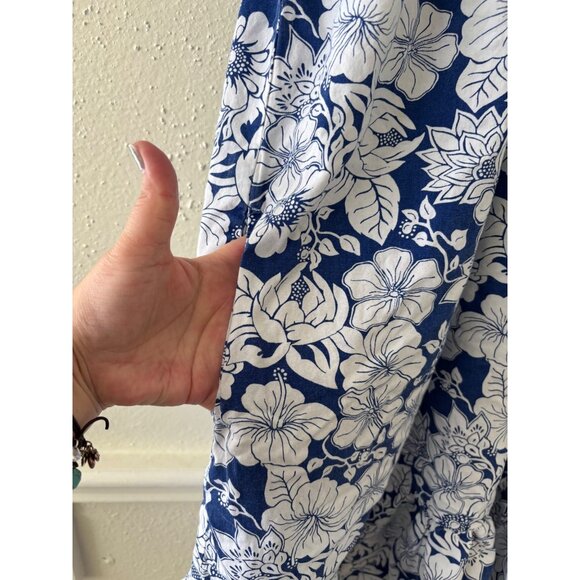 Vintage Simply Basic Blue & White Floral Cotton Midi Dress With Pockets L - Picture 9 of 13